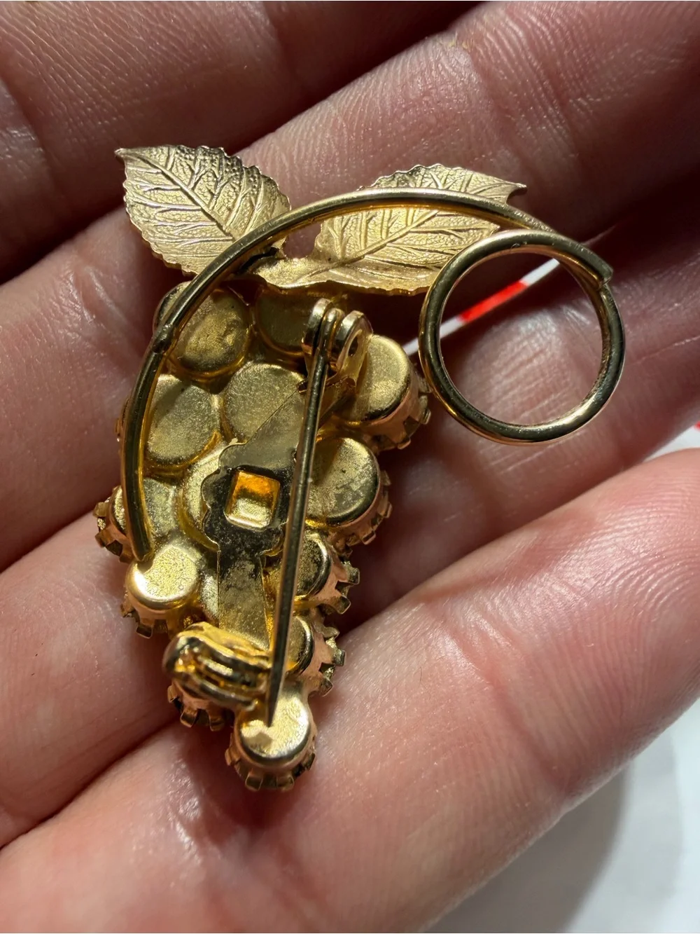 Vintage Gold-Tone Green Crystal Grapevine Brooch